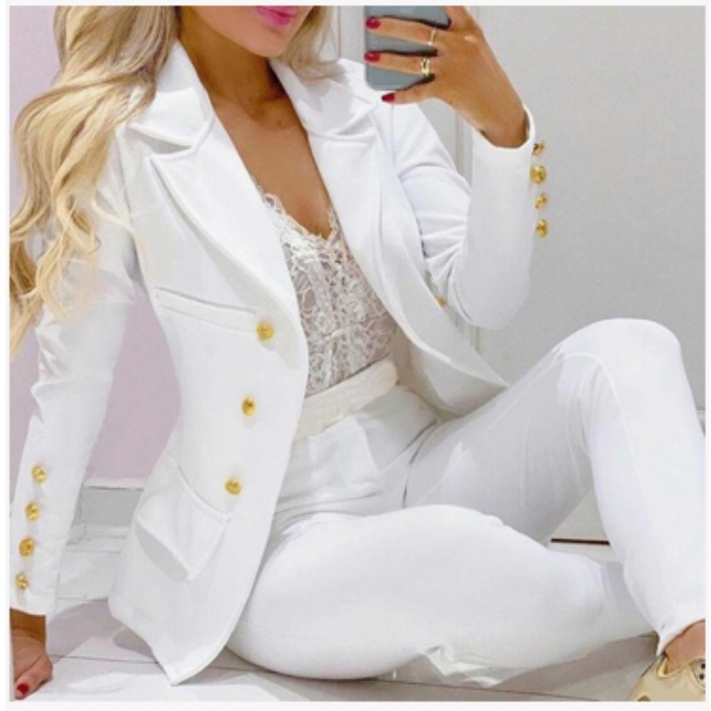 White 2-Pc Pants Suit With Gold Buttons
